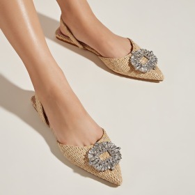 Flat heel, woven, pointed sandals, Rhinestone Buckle