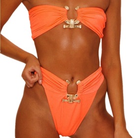 Swimsuit, metal accessories, hollow out bikini, solid color, strapless