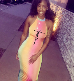 Color blocking, lettering, lace up nightclub dress