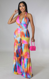 Wide leg, printed, jumpsuit, backless