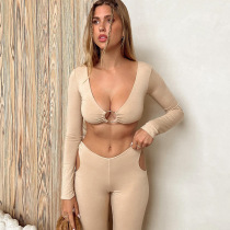 V-neck, solid color, long sleeve top, high waist, hollow out leggings, two-piece suit