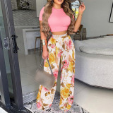 T-shirt, printed, wide leg pants, casual two piece set