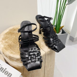 Roman sandals, ribbons, woven, square toe high heels