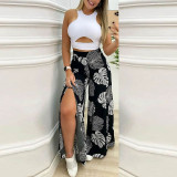 Hollow out top, printed, loose split, two-piece Pants Set