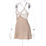 Deep V-neck, solid satin, lace, hollow out, suspender skirt