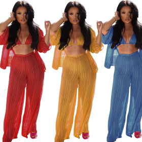 Bikini, perspective, cardigan, wide leg pants, three piece set