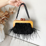 Acrylic, chain, down, one shoulder, ostrich hair, handbag