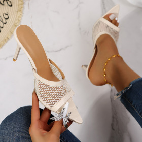 Pointed head, thin heel, mesh, hollow slippers