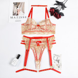 Fun four piece set, wave, embroidery, stitching with steel ring underwear four piece set