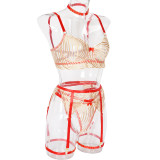 Fun four piece set, wave, embroidery, stitching with steel ring underwear four piece set