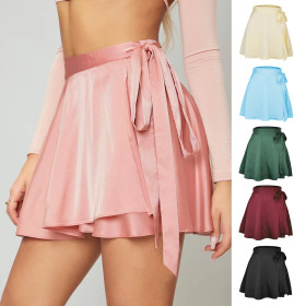 Solid color, skirt, high waist, one piece, lace up, chiffon SATIN Wrap Skirt
