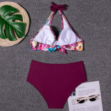 Solid color, high waist, neck hanging, split bikini