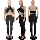 Chest wrapping, bandage, tight fitting, hollow out casual pants, two-piece set
