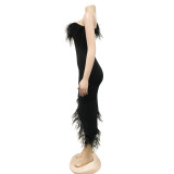 Solid, V-neck, sleeveless, breast wrapped, irregular feathers, dress