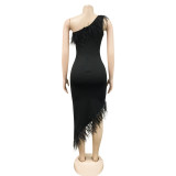Solid, V-neck, sleeveless, breast wrapped, irregular feathers, dress
