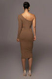 Diagonal shoulder, slim fitting, long sleeve, single sleeve, Hip Wrap Dress