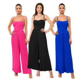Solid color, backless, waist closed, suspender, pleated Jumpsuit