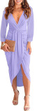 Solid color, V-neck, pleated, buttock wrapped, split, dress