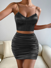 Two piece vest, V-neck, metal, Hip Wrap Skirt with suspenders