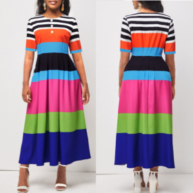 Button design, color matching, temperament, striped dress