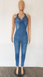 Denim, sleeveless, halter, Jumpsuit