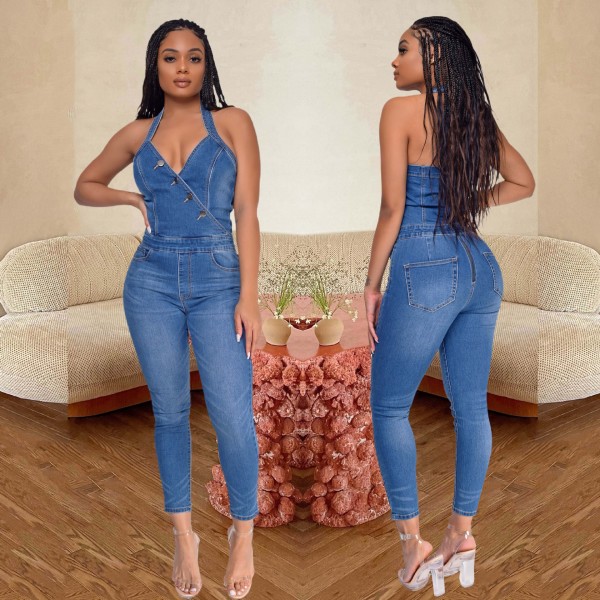 Denim, sleeveless, halter, Jumpsuit