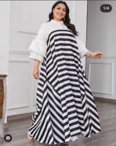 Stripe, flare sleeve, large size, oversized swing dress
