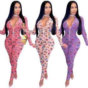 Mesh, perspective, butterfly print, zipper, long sleeve, tight Jumpsuit