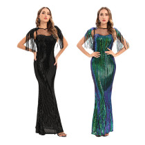 Sleeveless, Sequin, long dress, elastic, tassel dress
