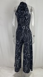 Waist closed, lace up, sleeveless, neck hung, pants, Jumpsuit