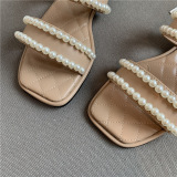 Open toe, flat bottom, sandals, pearls, back trip strap, sandals