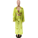 Loose, satin, lapel, three piece set