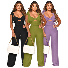 Backless, waist closed, hollow out, bandage, casual straight tube, Jumpsuit