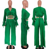 Solid color, pleated, V-neck, navel revealing pants, suit