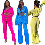 Solid color, pleated, V-neck, navel revealing pants, suit