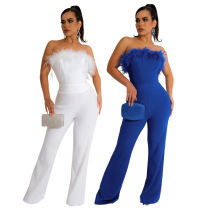 Solid color, wide leg pants, casual, sleeveless, strapless, Jumpsuit