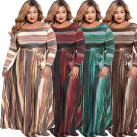 Striped print, with belt, loose, large women's wear, dress