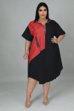 Women's wear, loose, patchwork, contrast, short sleeve, zipper dress
