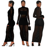Solid color, mesh, splicing, long sleeve dress