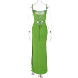 Solid color, back, hollow out, strap, buttock split, straight neck suspender dress