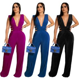 V-neck, sleeveless, hollow out, loose horn, straight tube Jumpsuit