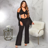Neck hanging, lace up, navel revealing pants, suit