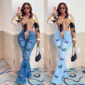 Butterfly print, micro elastic, cowboy bell bottoms
