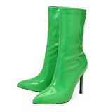 Pointed end, patent leather, thin high heel, side zipper, short boots