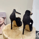Pointed head, Sequin, Rhinestone, straight belt, high-heeled single shoes