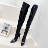 Women's boots, pointed head, bow, Rhinestone, high heels, knee length boots