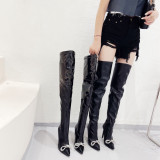 Women's boots, pointed head, bow, Rhinestone, high heels, knee length boots