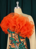 Print, off shoulder, mesh, patchwork dress