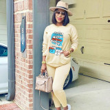 Long sleeve, solid color, printed, sports two-piece set