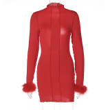 Solid color, stand collar, hollow out, open back, long sleeve dress